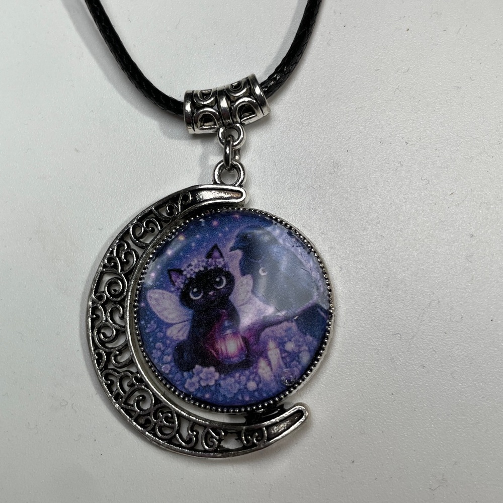 Double Black Cat Double Sided Moon Pendant - Gothic Witchy Jewelry -Artisan - Picture 8 of 16